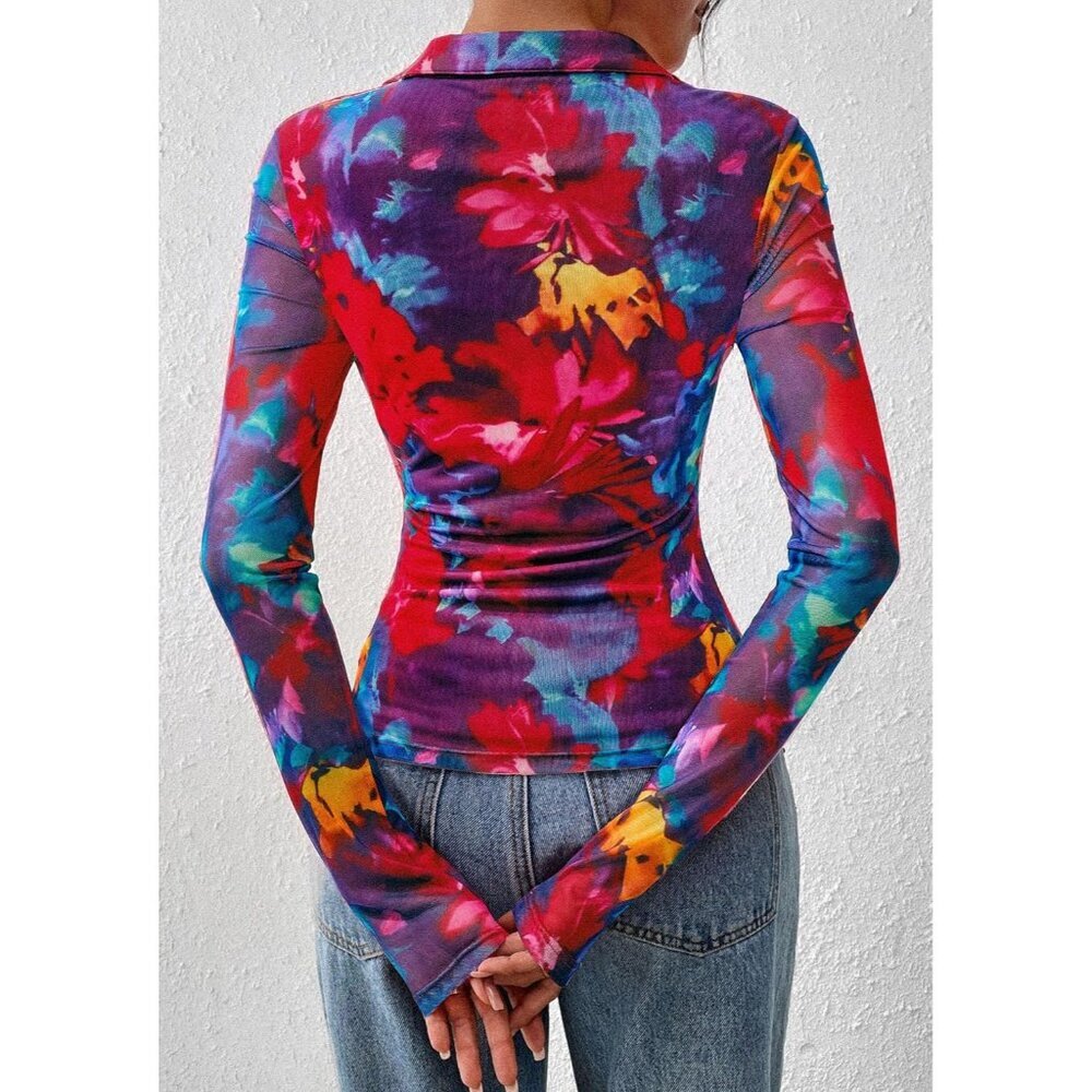Women Navy Red Button Down Floral Shirt Trendy Long Sleeve V Neck Blouse Top - Picture 5 of 6